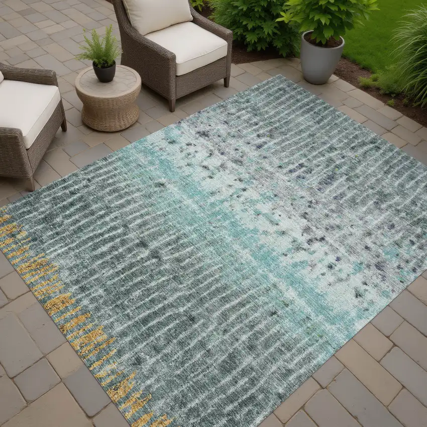 Teal Blue Gold And Gray Abstract Washable Indoor Outdoor Area Rug Photo 8