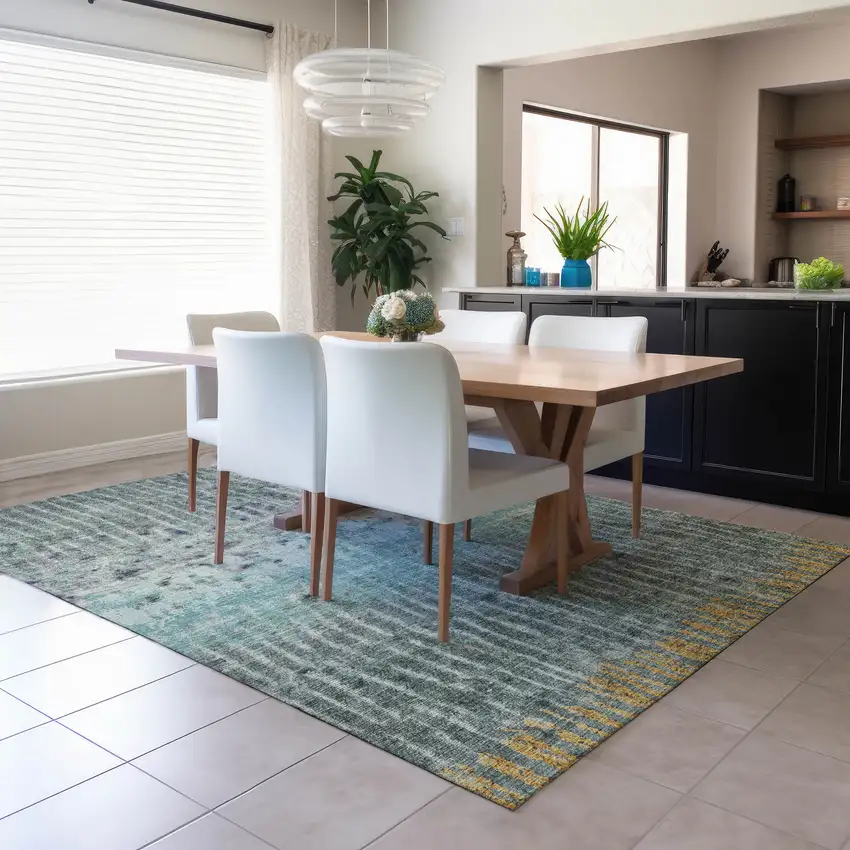 Teal Blue Gold And Gray Abstract Washable Indoor Outdoor Area Rug Photo 7