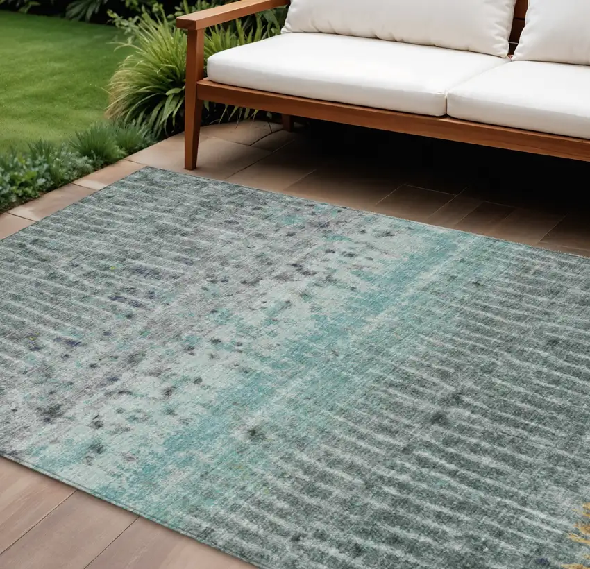 Teal Blue Gold And Gray Abstract Washable Indoor Outdoor Area Rug Photo 1