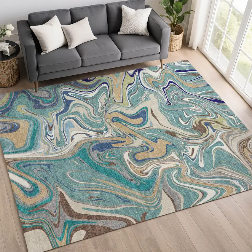 Teal Blue Gold And Ivory Abstract Washable Indoor Outdoor Area Rug Photo 5