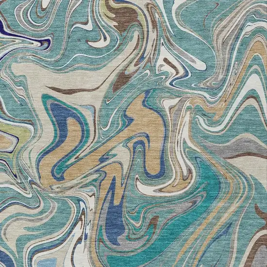 Teal Blue Gold And Ivory Abstract Washable Indoor Outdoor Area Rug Photo 2