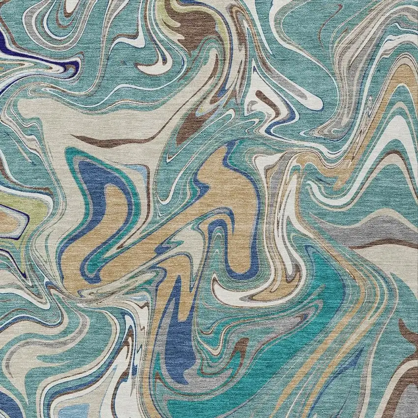 Teal Blue Gold And Ivory Abstract Washable Indoor Outdoor Area Rug Photo 2