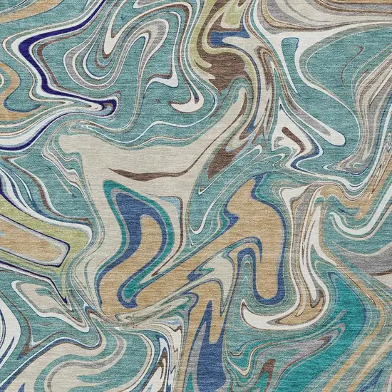 Teal Blue Gold And Ivory Abstract Washable Indoor Outdoor Area Rug Photo 2