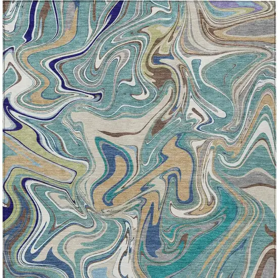 Teal Blue Gold And Ivory Abstract Washable Indoor Outdoor Area Rug Photo 3
