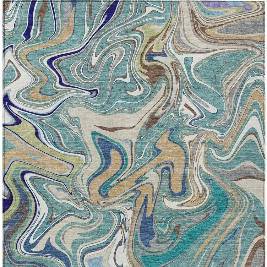 Teal Blue Gold And Ivory Abstract Washable Indoor Outdoor Area Rug Photo 3