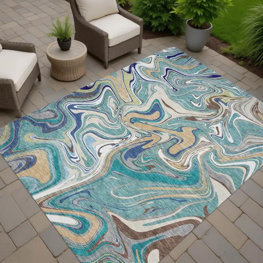 Teal Blue Gold And Ivory Abstract Washable Indoor Outdoor Area Rug Photo 7