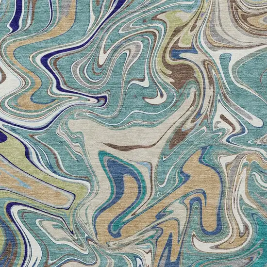 Teal Blue Gold And Ivory Abstract Washable Indoor Outdoor Area Rug Photo 2