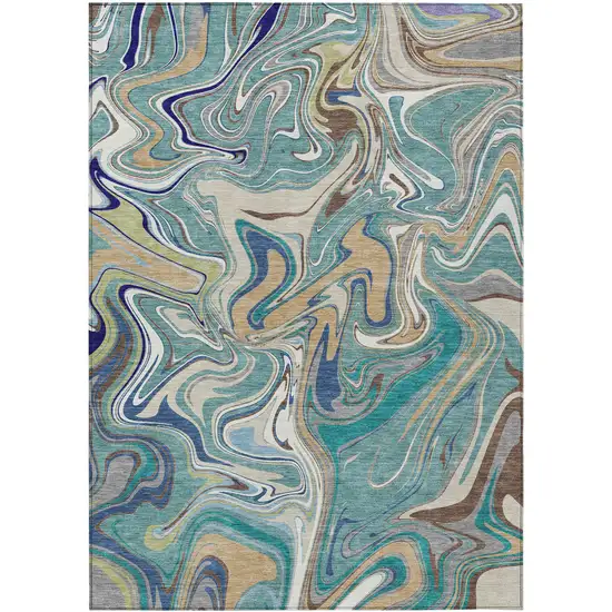 Teal Blue Gold And Ivory Abstract Washable Indoor Outdoor Area Rug Photo 1
