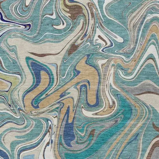 Teal Blue Gold And Ivory Abstract Washable Indoor Outdoor Area Rug Photo 2