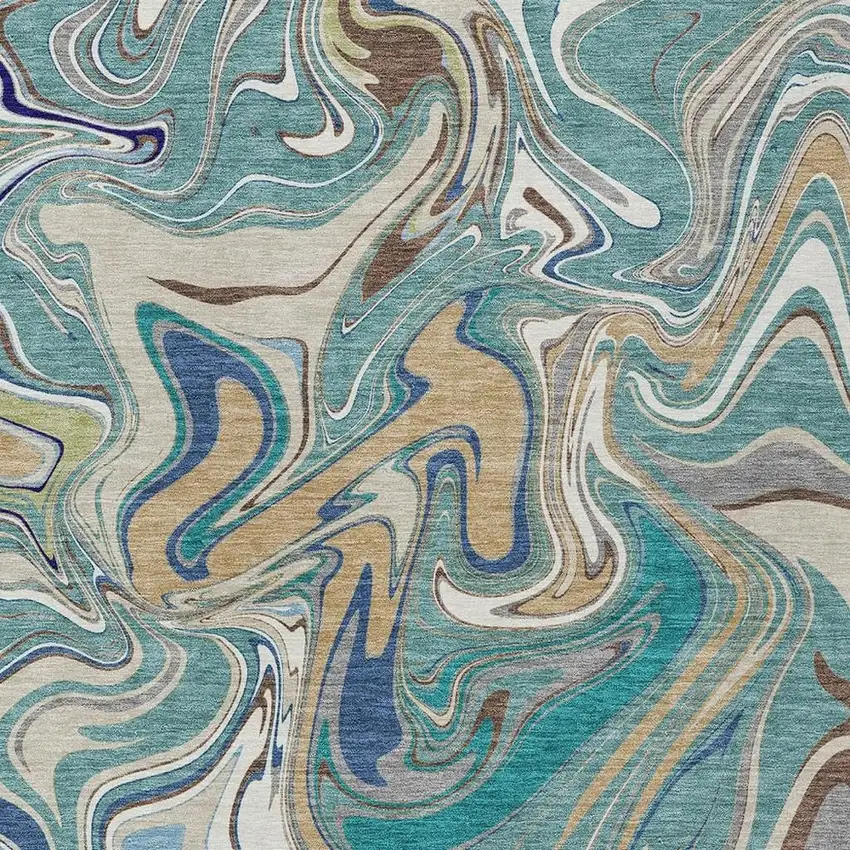 Teal Blue Gold And Ivory Abstract Washable Indoor Outdoor Area Rug Photo 2