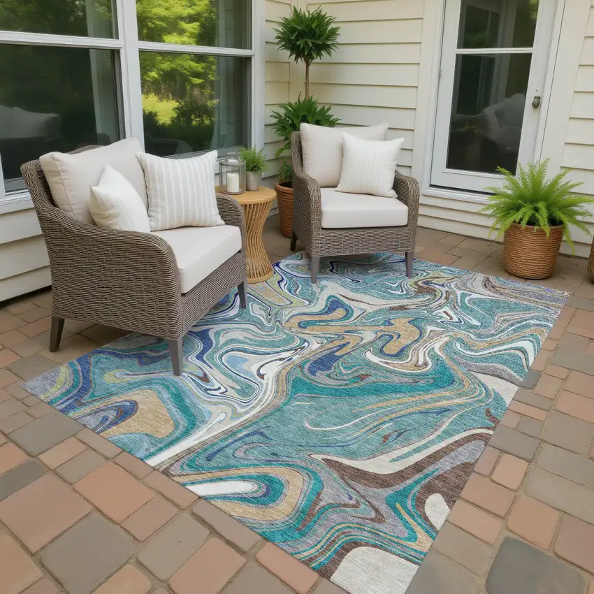 Teal Blue Gold And Ivory Abstract Washable Indoor Outdoor Area Rug Photo 4