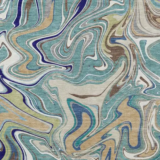 Teal Blue Gold And Ivory Abstract Washable Indoor Outdoor Area Rug Photo 2