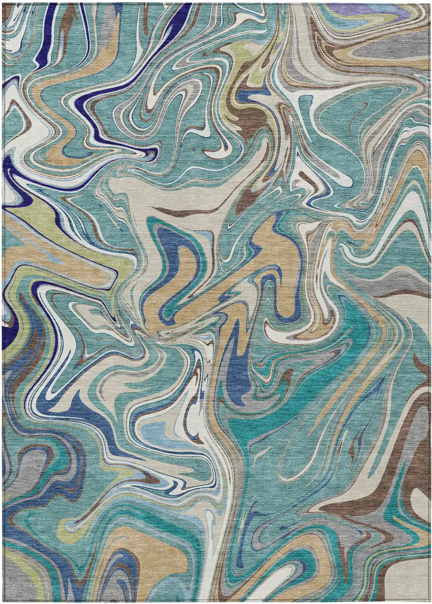 Teal Blue Gold And Ivory Abstract Washable Indoor Outdoor Area Rug Photo 1