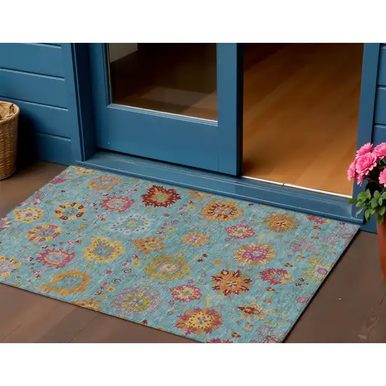 Teal Blue Gold And Pink Damask Washable Indoor Outdoor Area Rug Photo 1