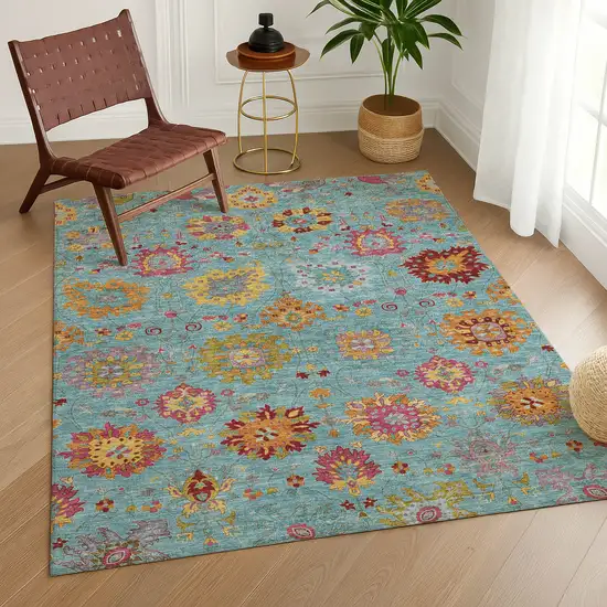 Teal Blue Gold And Pink Damask Washable Indoor Outdoor Area Rug Photo 9