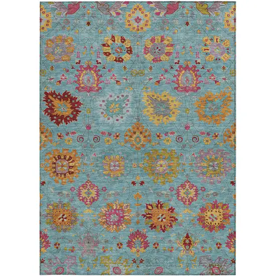 Teal Blue Gold And Pink Damask Washable Indoor Outdoor Area Rug Photo 4