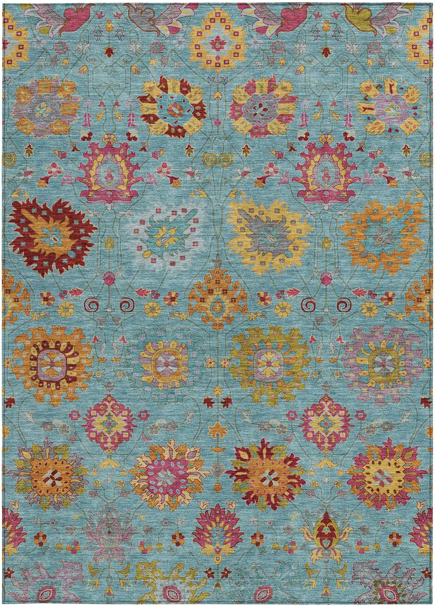 Teal Blue Gold And Pink Damask Washable Indoor Outdoor Area Rug Photo 4