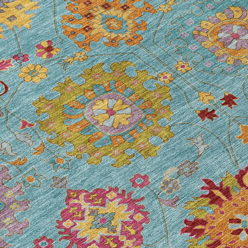 Teal Blue Gold And Pink Damask Washable Indoor Outdoor Area Rug Photo 7
