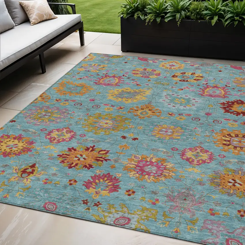 Teal Blue Gold And Pink Damask Washable Indoor Outdoor Area Rug Photo 1