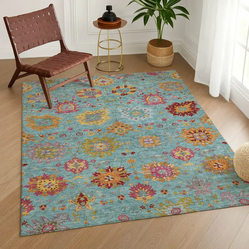 Teal Blue Gold And Pink Damask Washable Indoor Outdoor Area Rug Photo 9