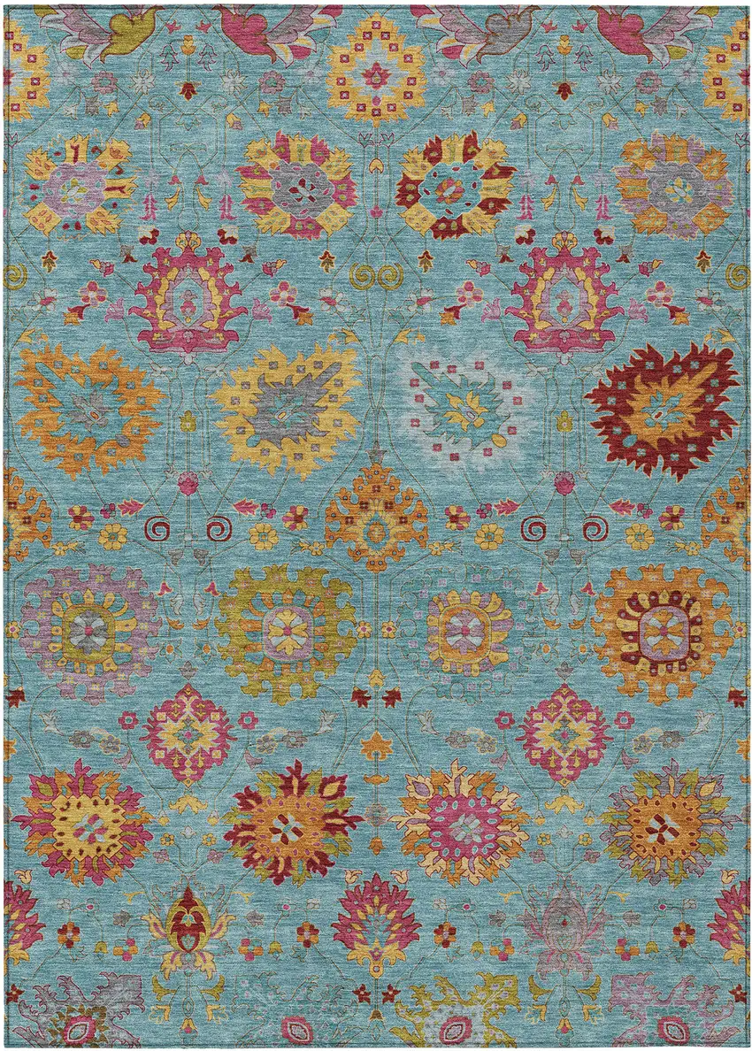 Teal Blue Gold And Pink Damask Washable Indoor Outdoor Area Rug Photo 2