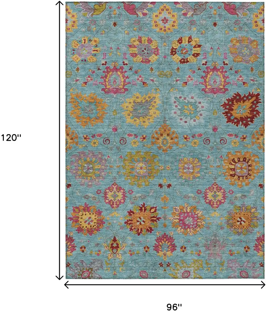Teal Blue Gold And Pink Damask Washable Indoor Outdoor Area Rug Photo 3