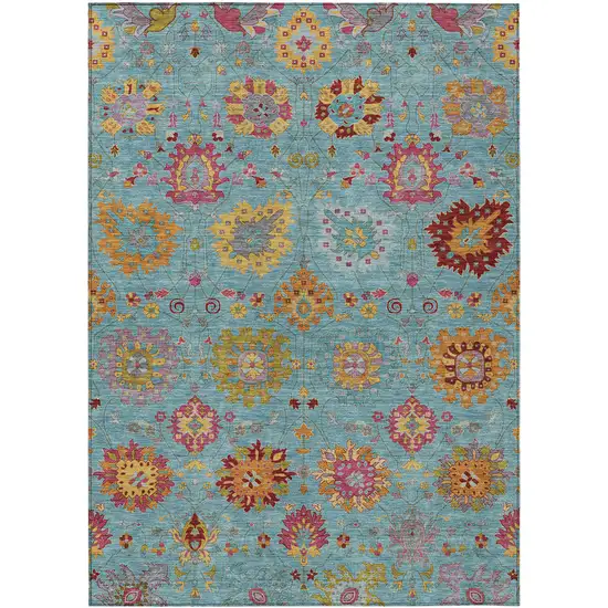 Teal Blue Gold And Pink Damask Washable Indoor Outdoor Area Rug Photo 2