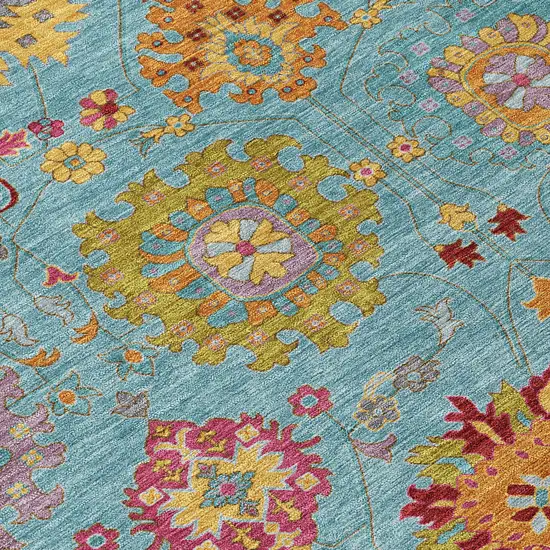 Teal Blue Gold And Pink Damask Washable Indoor Outdoor Area Rug Photo 6