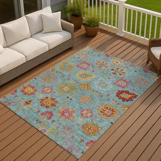 Teal Blue Gold And Pink Damask Washable Indoor Outdoor Area Rug Photo 8