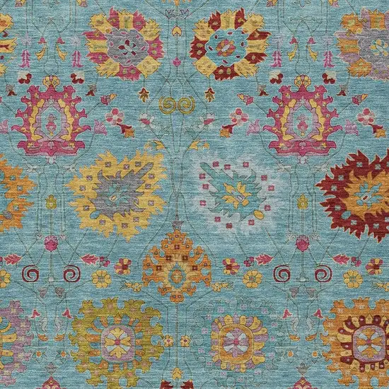 Teal Blue Gold And Pink Damask Washable Indoor Outdoor Area Rug Photo 7