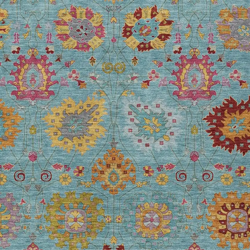 Teal Blue Gold And Pink Damask Washable Indoor Outdoor Area Rug Photo 7