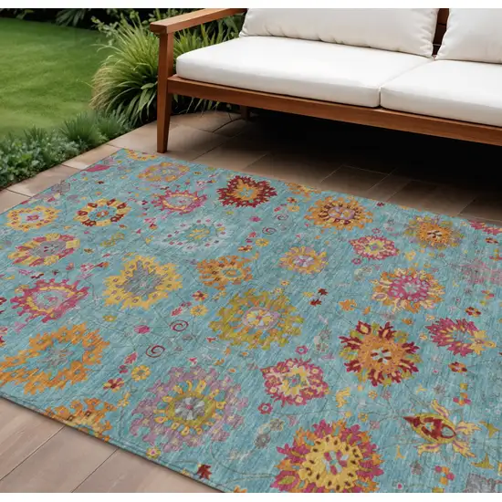 Teal Blue Gold And Pink Damask Washable Indoor Outdoor Area Rug Photo 1