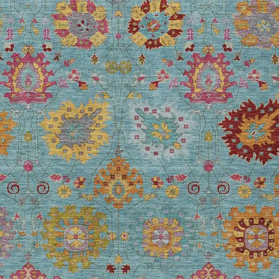 Teal Blue Gold And Pink Damask Washable Indoor Outdoor Area Rug Photo 7