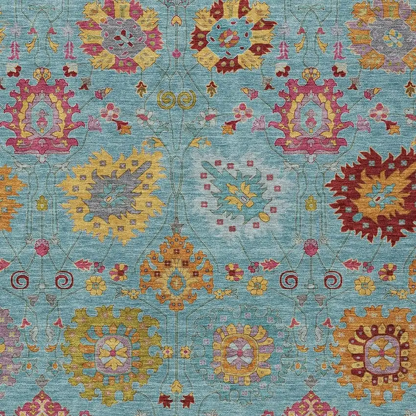 Teal Blue Gold And Pink Damask Washable Indoor Outdoor Area Rug Photo 7