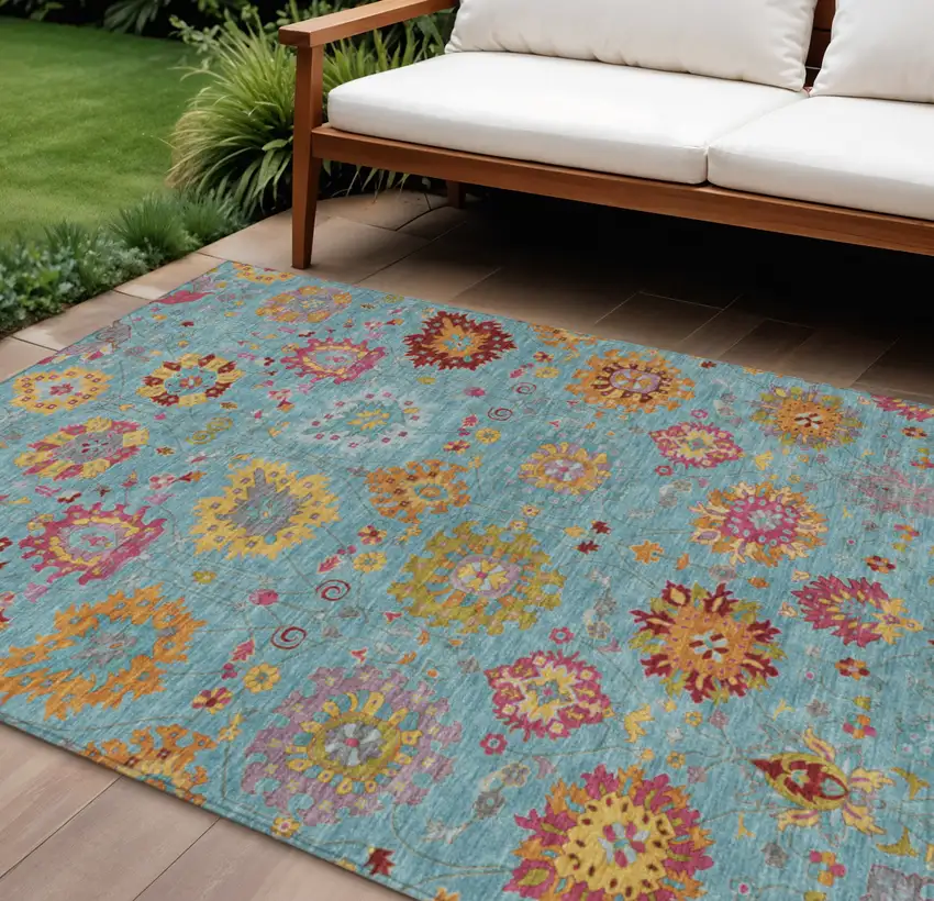 Teal Blue Gold And Pink Damask Washable Indoor Outdoor Area Rug Photo 1