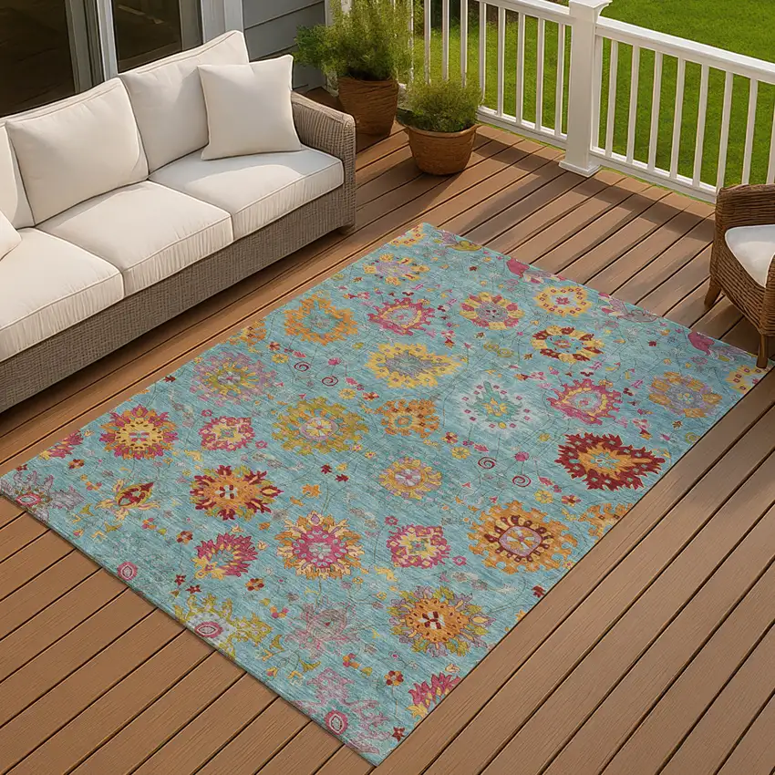 Teal Blue Gold And Pink Damask Washable Indoor Outdoor Area Rug Photo 8