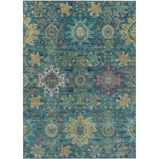 Teal Blue Gold And Pink Medallion Washable Indoor Outdoor Area Rug Photo 1