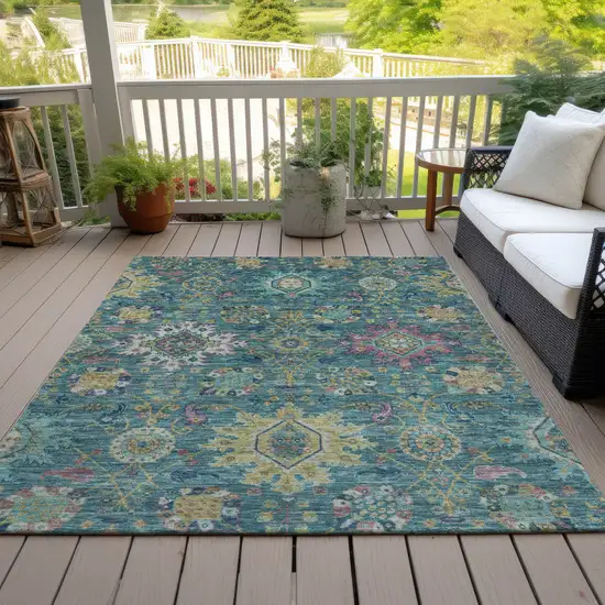 Teal Blue Gold And Pink Medallion Washable Indoor Outdoor Area Rug Photo 7