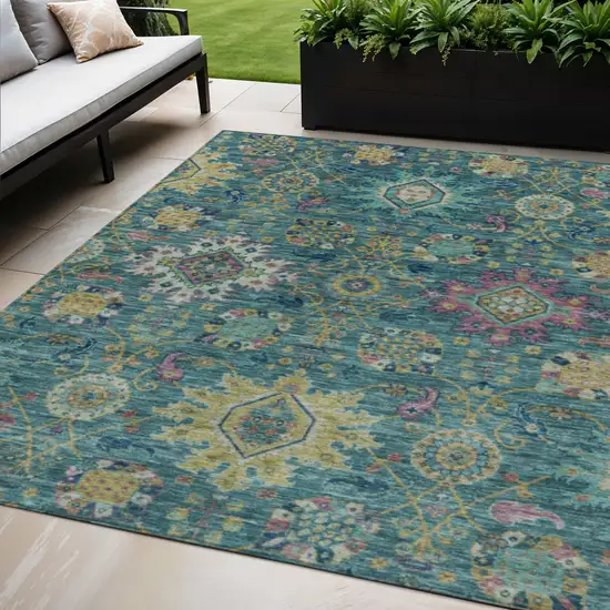 Teal Blue Gold And Pink Medallion Washable Indoor Outdoor Area Rug Photo 2