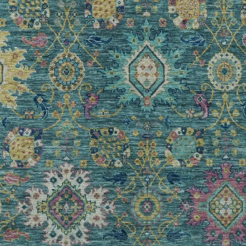 Teal Blue Gold And Pink Medallion Washable Indoor Outdoor Area Rug Photo 6