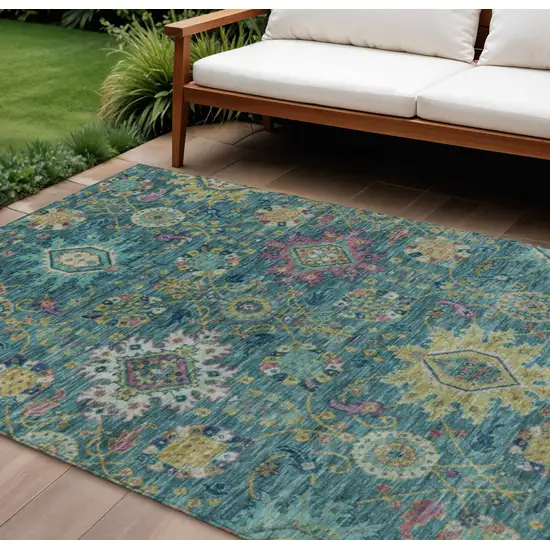 Teal Blue Gold And Pink Medallion Washable Indoor Outdoor Area Rug Photo 2