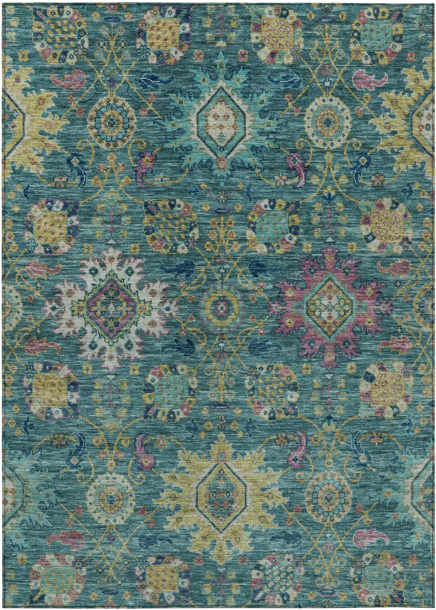 Teal Blue Gold And Pink Medallion Washable Indoor Outdoor Area Rug Photo 1
