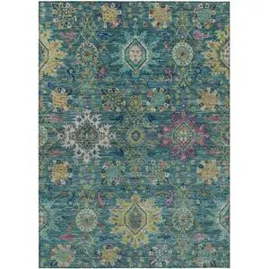 Photo of Teal Blue Gold And Pink Medallion Washable Indoor Outdoor Area Rug
