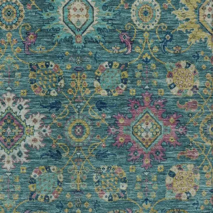 Teal Blue Gold And Pink Medallion Washable Indoor Outdoor Area Rug Photo 6