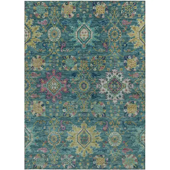 Teal Blue Gold And Pink Medallion Washable Indoor Outdoor Area Rug Photo 3