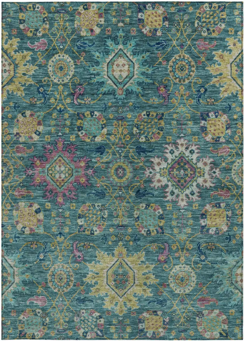 Teal Blue Gold And Pink Medallion Washable Indoor Outdoor Area Rug Photo 3