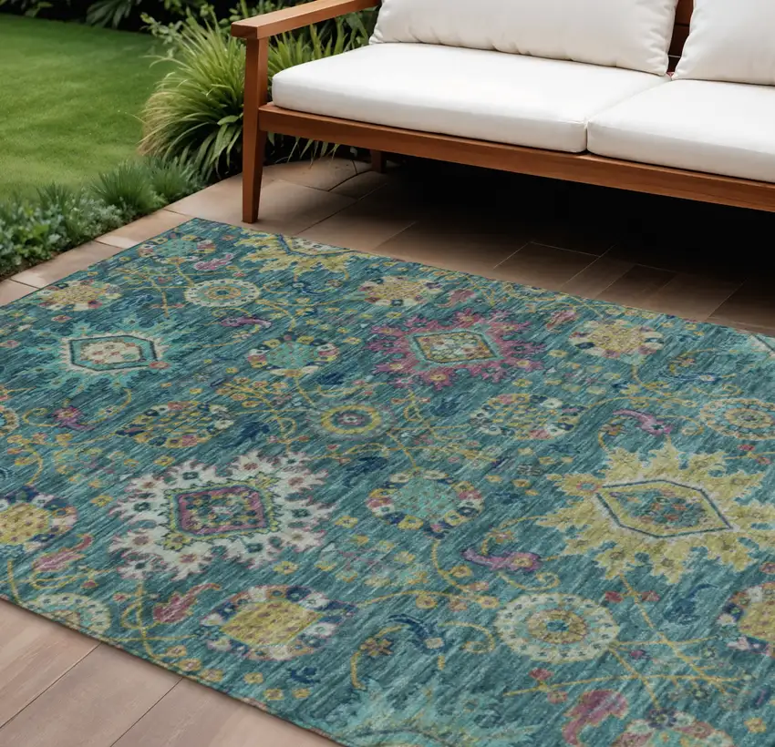 Teal Blue Gold And Pink Medallion Washable Indoor Outdoor Area Rug Photo 2