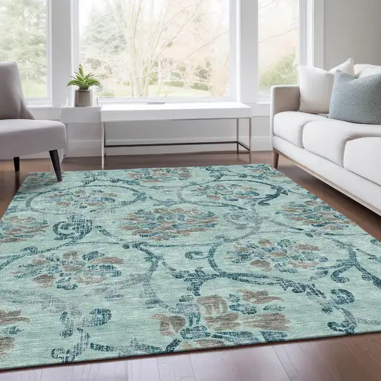 Teal Blue Gray And Aqua Floral Washable Indoor Outdoor Area Rug Photo 8