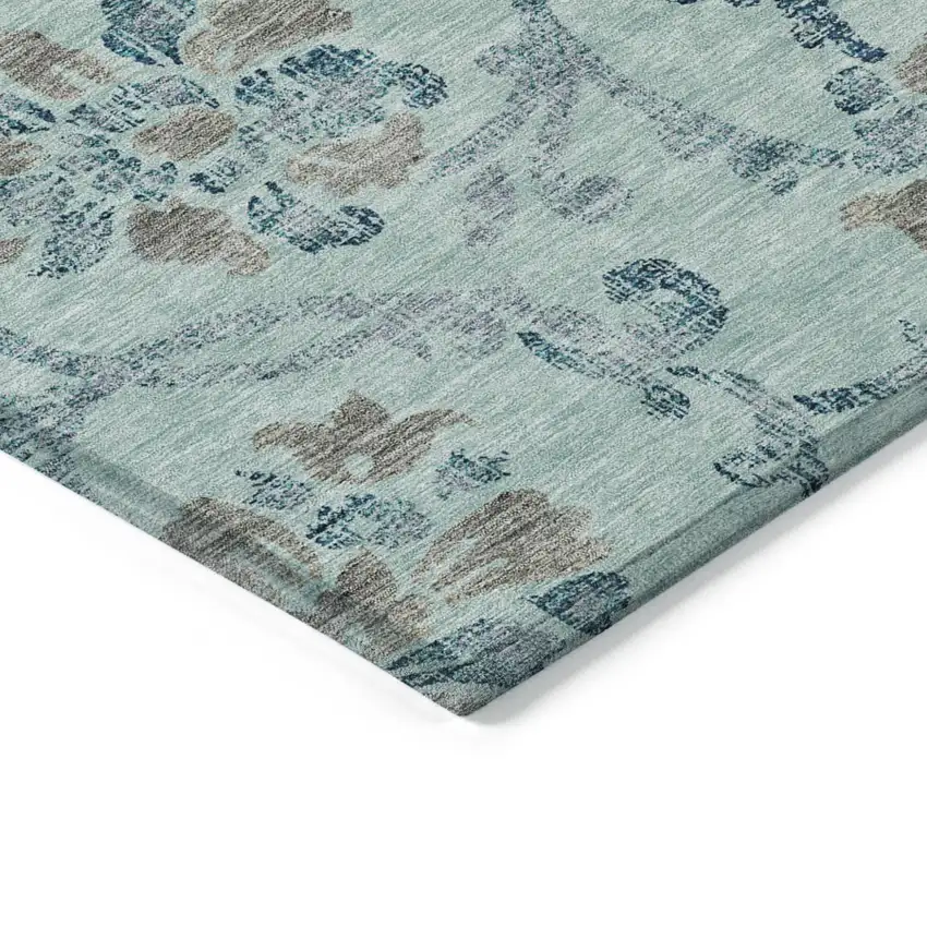 Teal Blue Gray And Aqua Floral Washable Indoor Outdoor Area Rug Photo 4