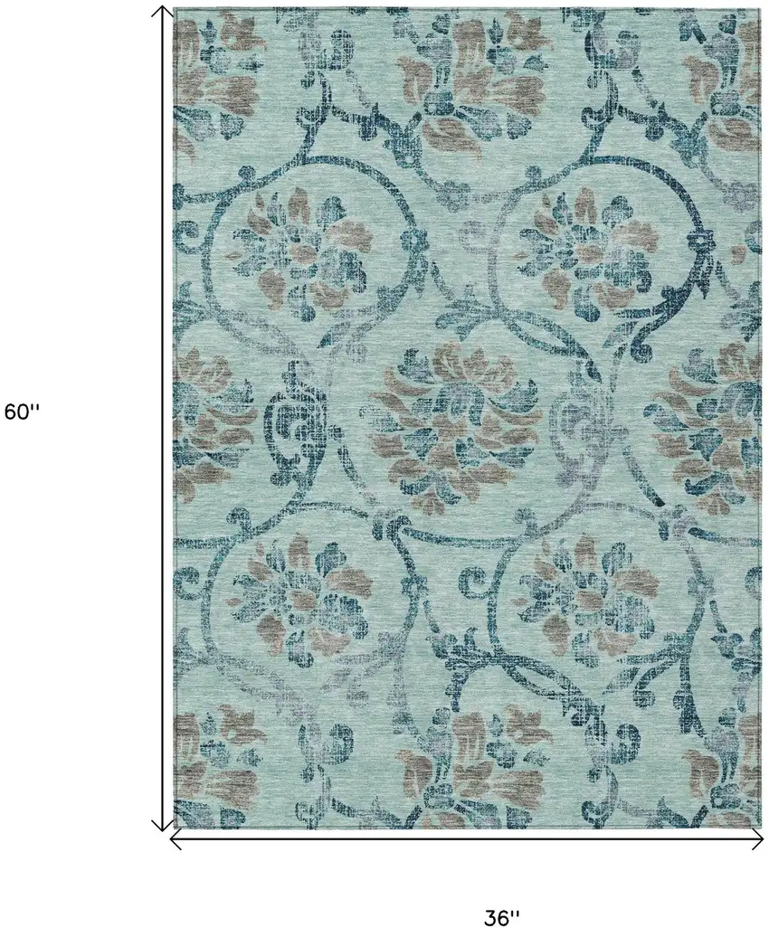 Teal Blue Gray And Aqua Floral Washable Indoor Outdoor Area Rug Photo 7
